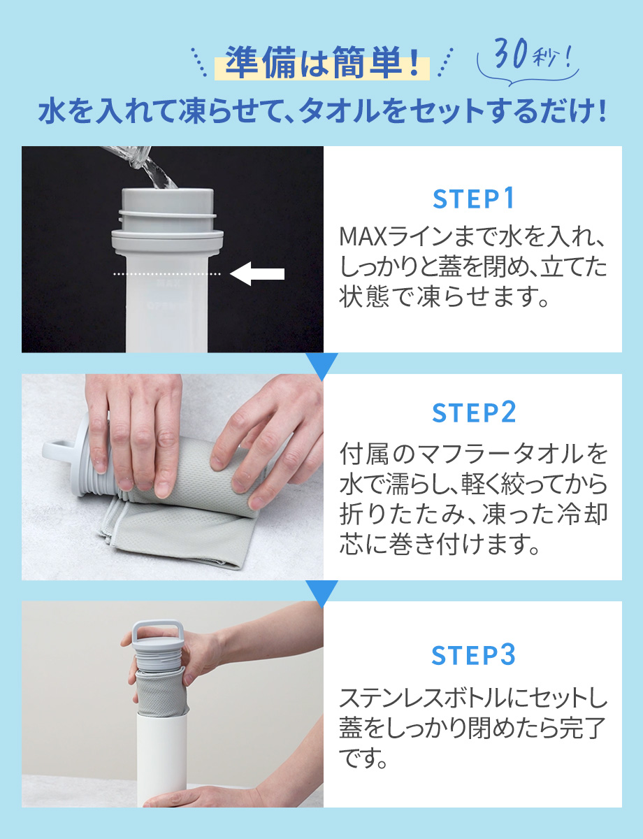 準備は簡単！水を入れて凍らせて、タオルをセットするだけ