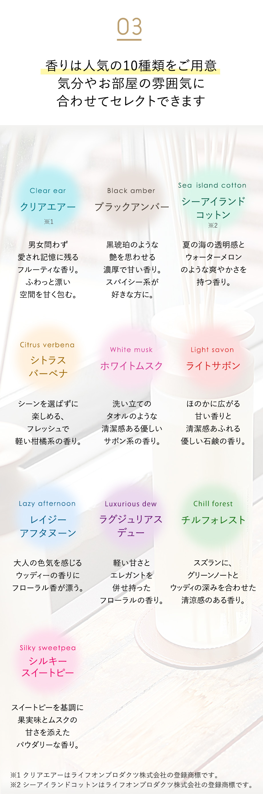 香りは人気の8種類をご用意、気分やお部屋の雰囲気に合わせてセレクトできます